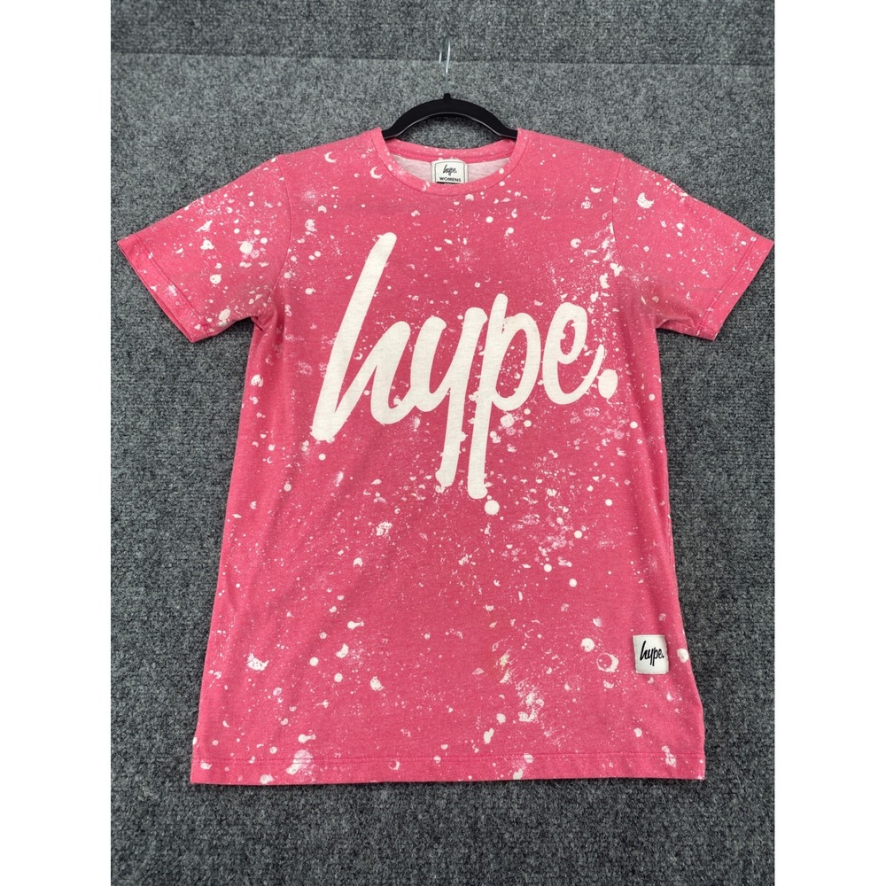 Hype T-Shirt Womens Size 4 Pink White Paint Splatter Script Logo Short Sleeve